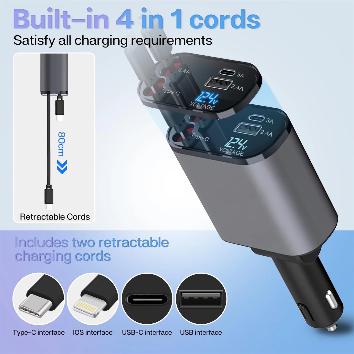 4 in 1 Retractable Car Charger: 100W Fast C Iphone and Type C Cable and 2 Charging Ports 