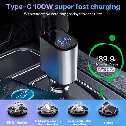 4 in 1 Retractable Car Charger: 100W Fast C Iphone and Type C Cable and 2 Charging Ports 