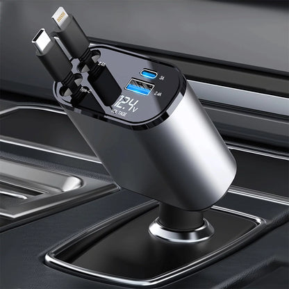 4 in 1 Retractable Car Charger: 100W Fast C Iphone and Type C Cable and 2 Charging Ports 